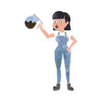 rétro dessin animé femme dans salopette avec café png