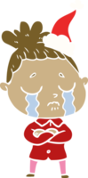 flat color illustration of a crying woman wearing santa hat png