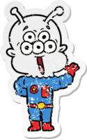 distressed sticker of a happy cartoon alien waving png