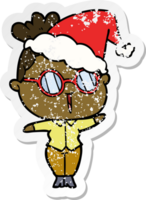 distressed sticker cartoon of a woman wearing spectacles wearing santa hat png