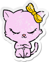 distressed sticker of a cute cartoon cat with bow png