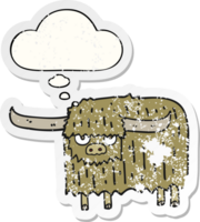 cartoon hairy cow and thought bubble as a distressed worn sticker png