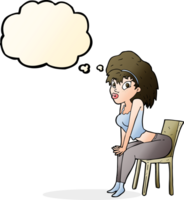 cartoon woman posing on chair with thought bubble png