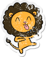 distressed sticker of a happy cartoon lion png