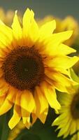 een levendig zonnebloem staand hoog tussen een zee van zonnebloemen in een zonnig veld- video