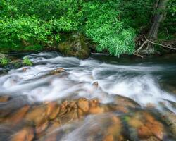 Reddish rock bowls under the crystal clear water of a mountain river photo