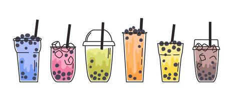 Bubble milk tea set. Tea with milk and tapioca pearls in different containers. doodle illustration vector