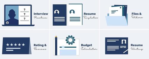 career services illustrations showing company reviews and ratings, budget calculator, resume writing services, resume templates, interview practice, resume samples, online interview, and hiring. vector