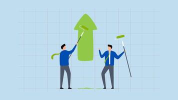 o negócio lucro crescimento, 4k animação do homem de negocios parceiro ajuda pintura crescimento verde seta diagrama. video