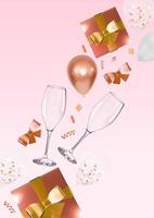 Realistic rose gold gift box with glasses and balloons celebration design vector