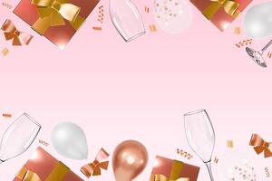 Realistic rose gold gift box with glasses and balloons celebration design vector