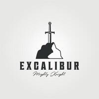 excalibur logo stuck in stone vintage illustration icon template design vector