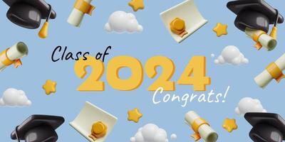 Class of 2024 congrats 3D graduation banner with flying cartoon hats stars and diplomas vector