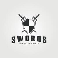 swords and shield logo vintage illustration icon template graphic design, guardian shield sign or symbol for business and company vector