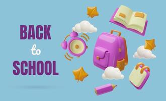 Back to school banner with 3d glossy plastic toy three dimensional objects collection vector