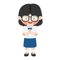 Kid girl student with glasses greeting sawasdee vector
