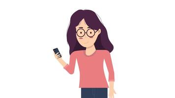 flat character of young girl woman character with pink top holding mobile phone explaining pose vector
