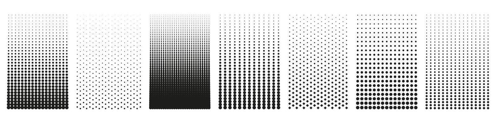 Black And White Halftone Designs With Progressive Dot Gradients And Shapes. Isolated Illustration