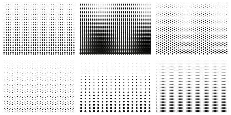 Collection Of Black And White Halftone Patterns With Gradients. Set Of Halftone Dot Backgrounds. Isolated Illustration