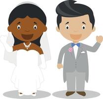 Black bride and mestizo bridegroom Interracial newlywed couple in cartoon style illustration vector