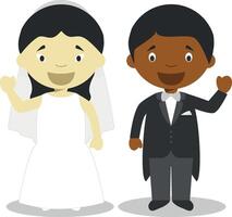 Oriental bride and black bridegroom Interracial newlywed couple in cartoon style illustration vector