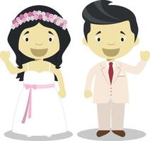 Oriental newlywed couple in cartoon style illustration vector