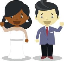 Black bride and oriental bridegroom Interracial newlywed couple in cartoon style illustration vector