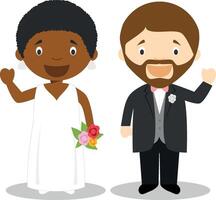 Black bride and caucasian bridegroom Interracial newlywed couple in cartoon style illustration vector