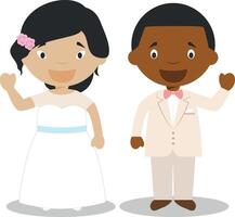 Oriental bride and black bridegroom Interracial newlywed couple in cartoon style illustration vector