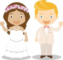 Mestizo bride and caucasian bridegroom Interracial newlywed couple in cartoon style illustration vector