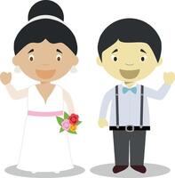 Mestizo bride and oriental bridegroom Interracial newlywed couple in cartoon style illustration vector