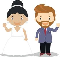 Oriental bride and caucasian bridegroom Interracial newlywed couple in cartoon style illustration vector