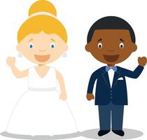 Caucasian bride and black bridegroom Interracial newlywed couple in cartoon style illustration vector