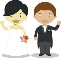 Oriental bride and mestizo bridegroom Interracial newlywed couple in cartoon style illustration vector