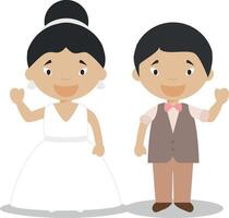 Oriental newlywed couple in cartoon style illustration vector