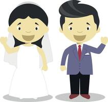 Oriental newlywed couple in cartoon style illustration vector