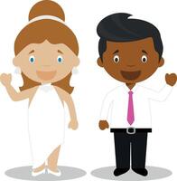 Mestizo bride and black bridegroom Interracial newlywed couple in cartoon style illustration vector