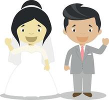 Oriental bride and oriental mestizo bridegroom Interracial newlywed couple in cartoon style illustration vector