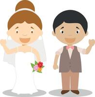 Caucasian bride and oriental bridegroom Interracial newlywed couple in cartoon style illustration vector