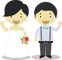 Oriental newlywed couple in cartoon style illustration vector