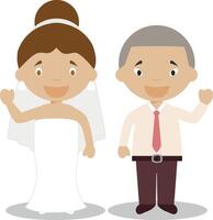 Mestizo bride and oriental bridegroom Interracial newlywed couple in cartoon style illustration vector