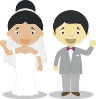 Oriental mestizo bride and oriental bridegroom Interracial newlywed couple in cartoon style illustration vector