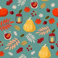 The autumn festive pattern of Thanksgiving. Seamless autumn background - pumpkins, leaves, acorns and fruits. vector