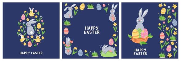 Set of square Happy Easter greeting cards. Cute characters, spring flowers on a blue background. vector