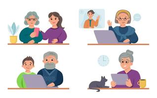 Old people use the Internet. Grandparents use a computer, laptop, smartphone. vector