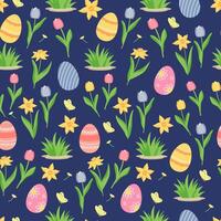 Easter seamless pattern with eggs and spring flowers, grass on blue background. vector