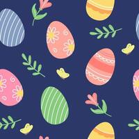 Easter seamless pattern with painted eggs, flowers and butterflies on blue background. Festive bright layout for printing on packaging, fabric, paper and other surfaces. vector