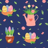 Easter seamless pattern with nest with eggs, watering can with bouquet of flowers. vector