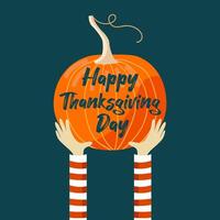 Thanksgiving Day Greeting Card. Hands holding a large pumpkin on a dark turquoise background. vector