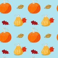 Cute seamless pattern with hand drawn pumpkins and autumn leaves on light blue background. Pattern for thanksgiving, halloween, gift wrapping or textile. vector